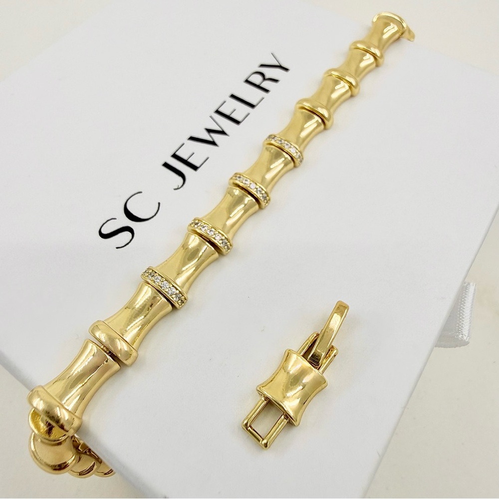 14K Gold Plated Bamboo Link Bracelet with Zircon Stones | Statement Jewelry - Picture 4 of 12